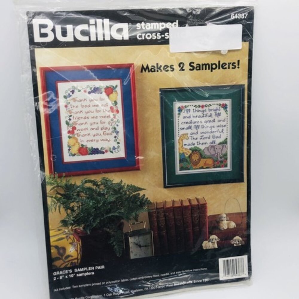 Vintage Bucilla Stamped Cross Stitch Sampler Religious Prayer Fruit Animals Set